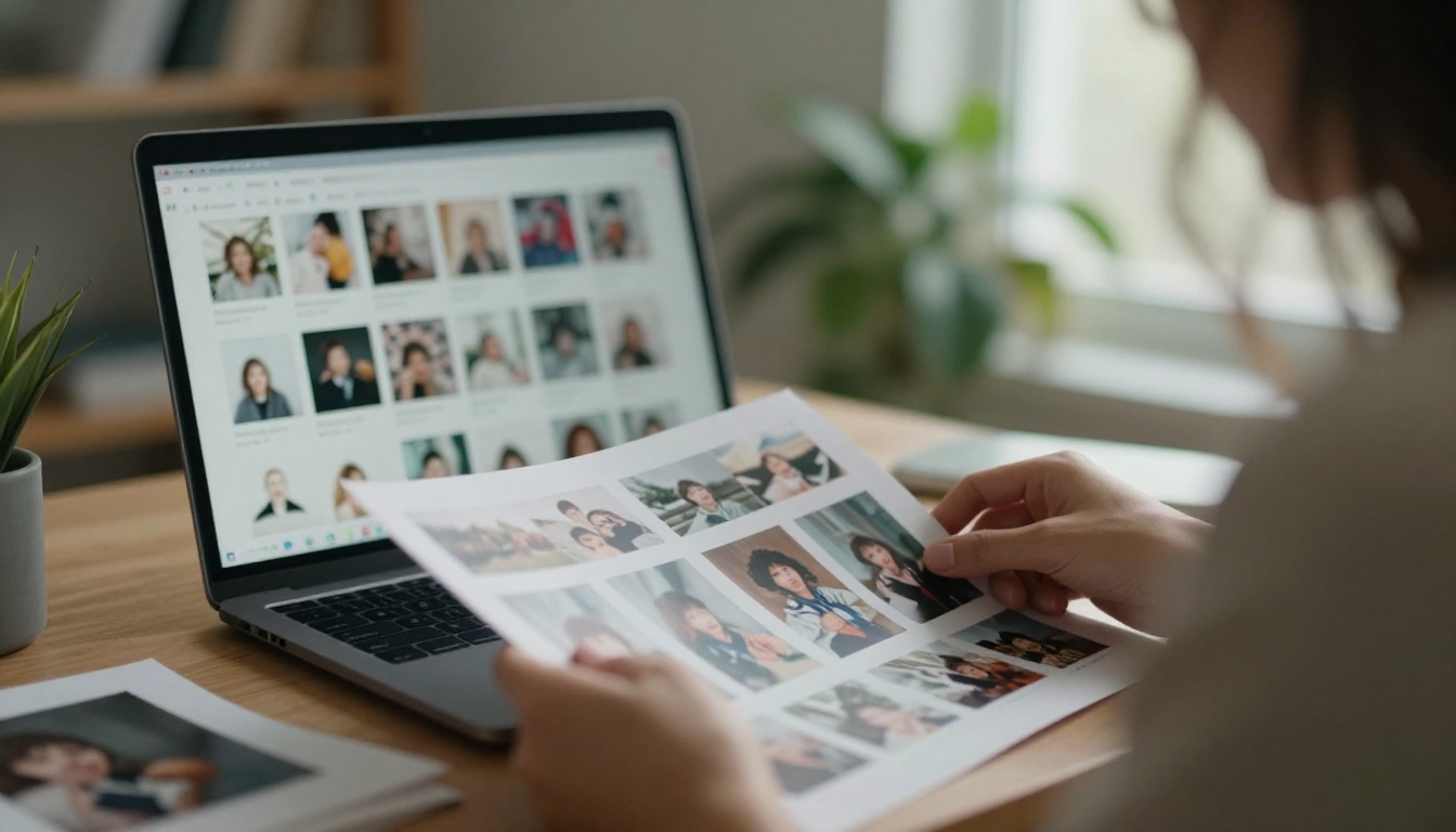 Woman organizing photos and screenshots on a laptop at a bright window