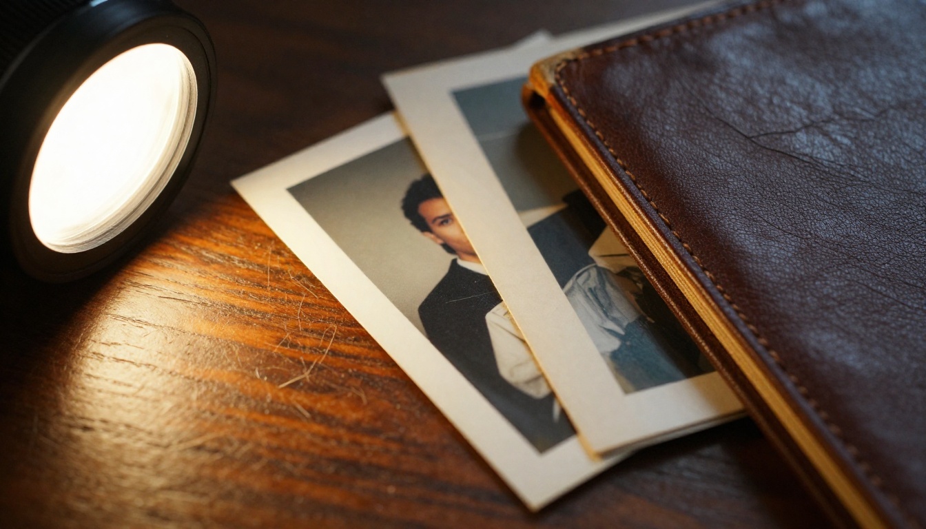 Macro shot of old printed photographs and a worn leather album beside a phone