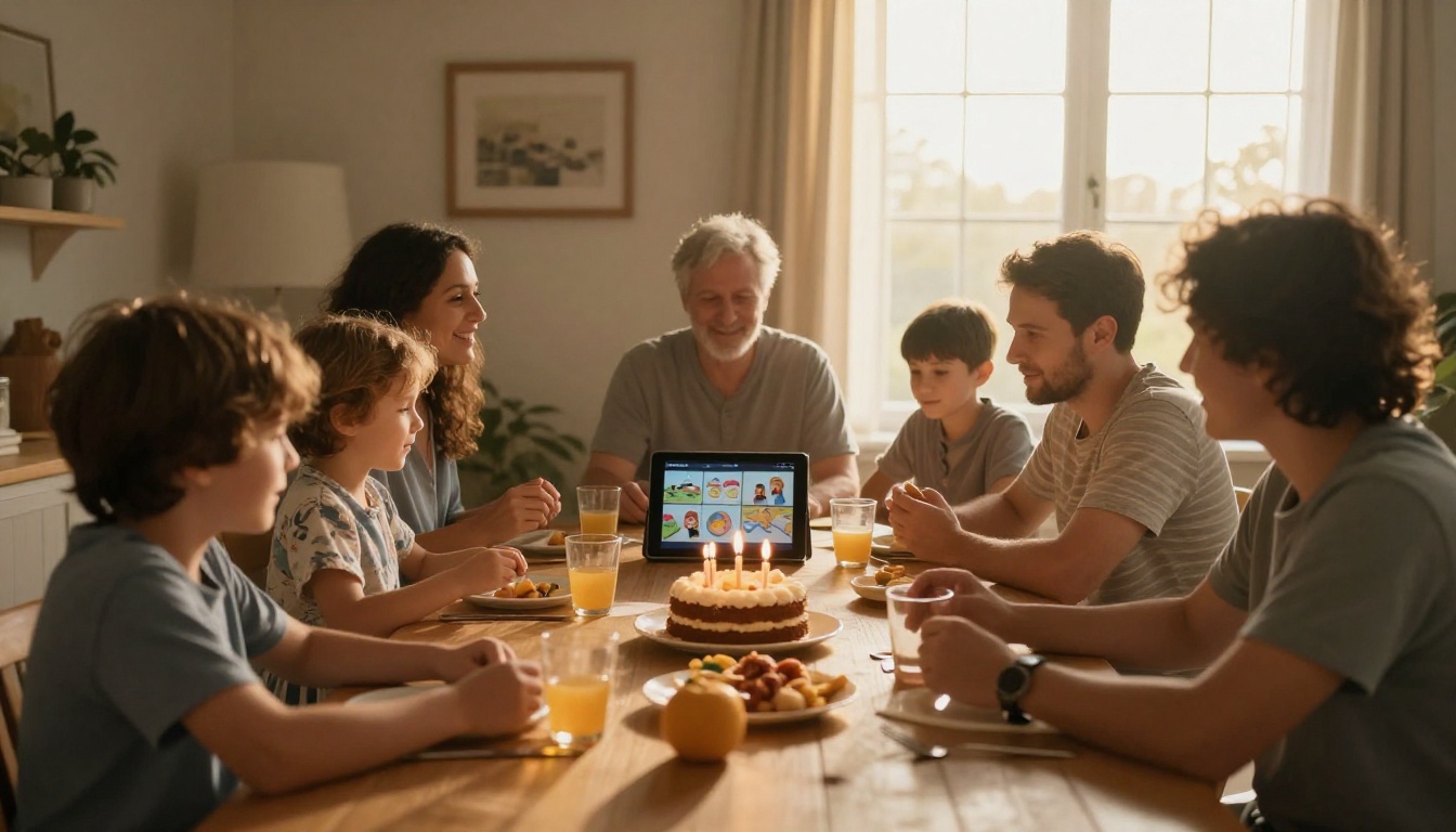 Family around a dining table at a birthday with a tablet showing a flipbook