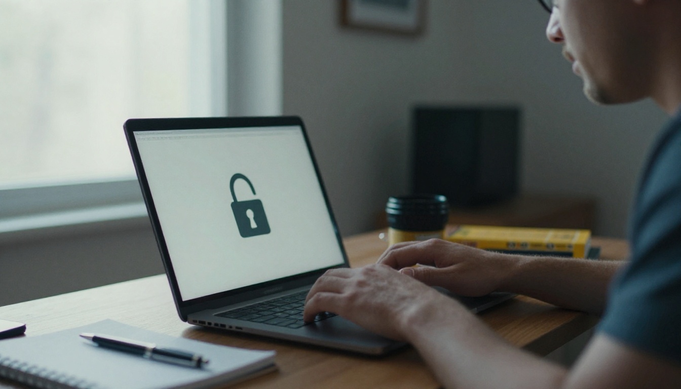Man at a home office reviewing a chat on a laptop with a privacy lock icon