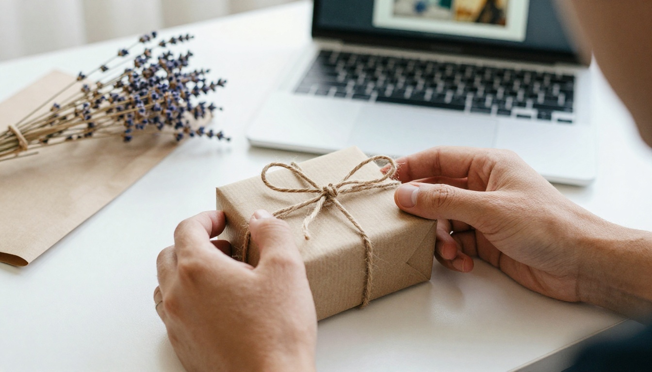 Hands wrapping a small gift beside a laptop showing a book-like digital preview