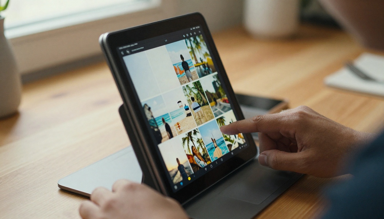 Hands selecting vacation photos in a web library