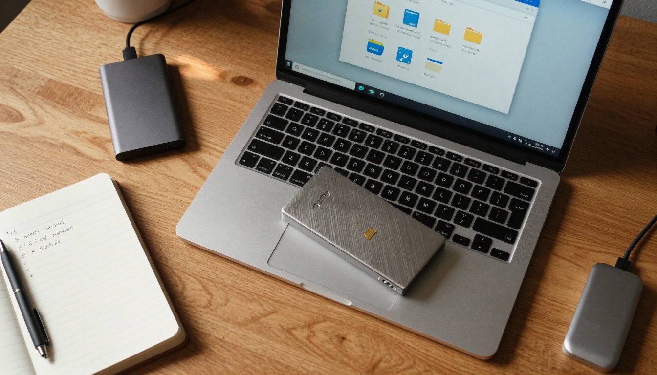 Aerial view of a desk with drives and downloaded zip files