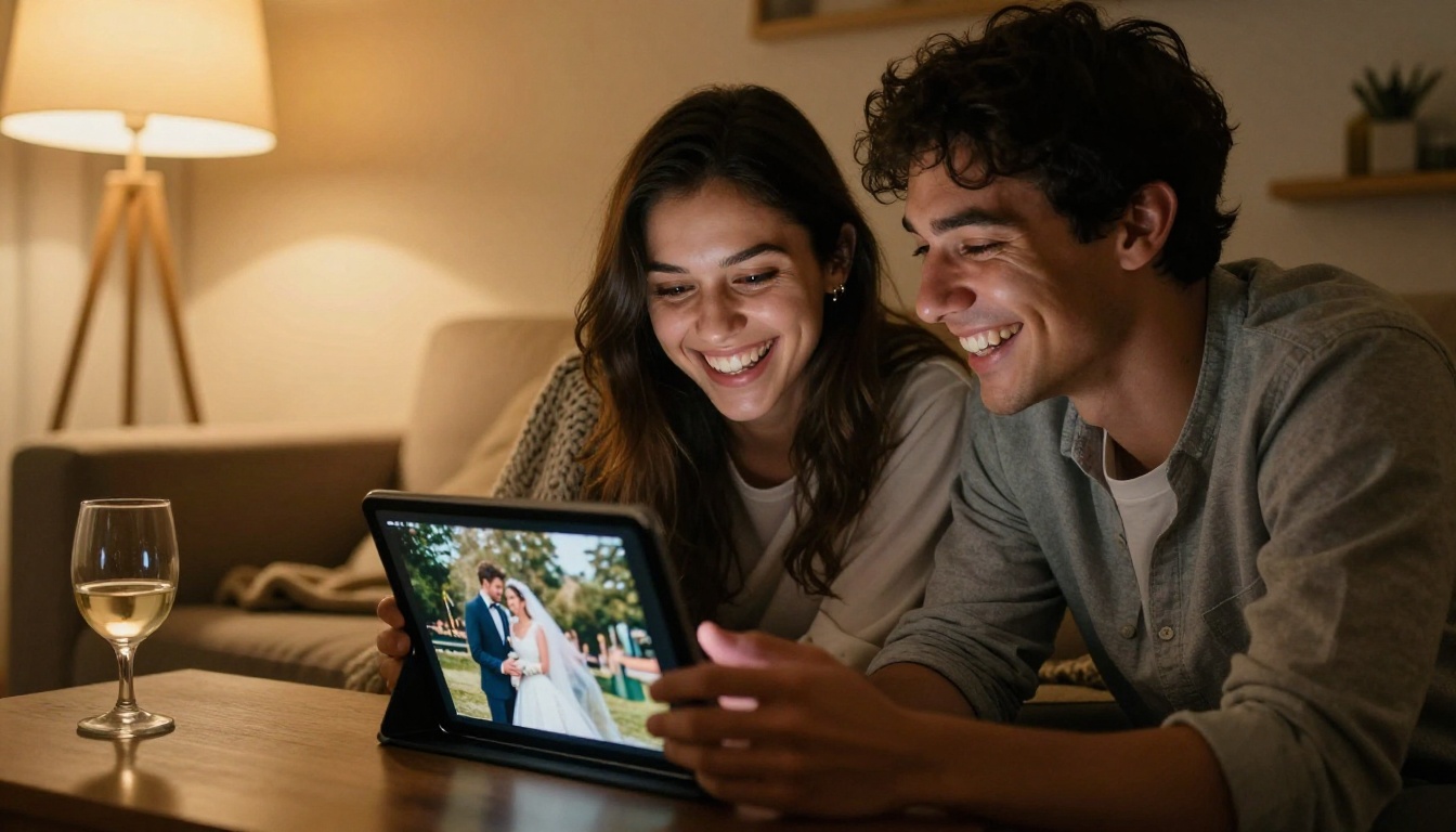 Couple laughing while looking at a tablet photo album