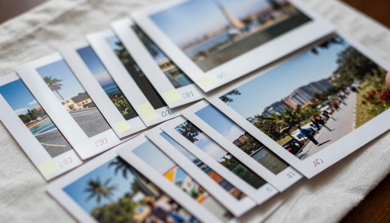 Printed travel photographs being sorted by hand