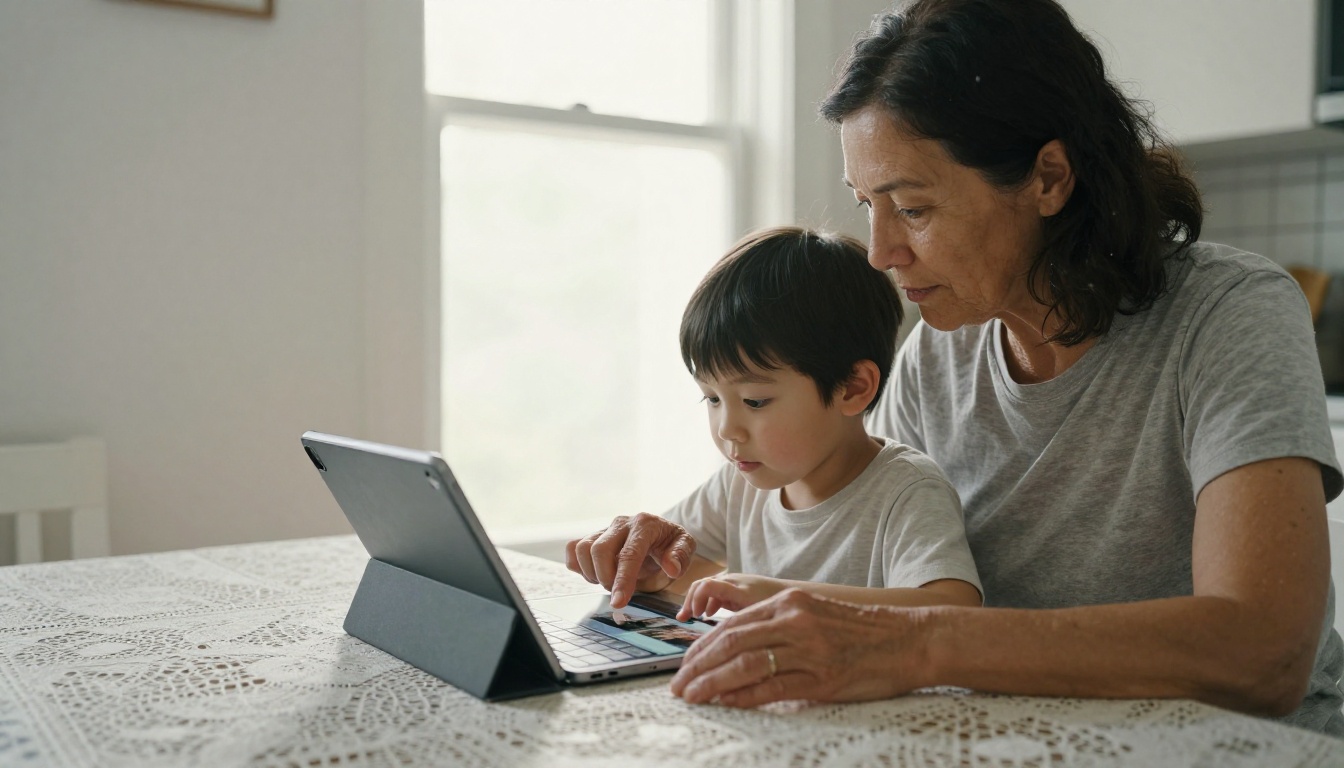 Grandmother and grandchild swiping through a digital photo book