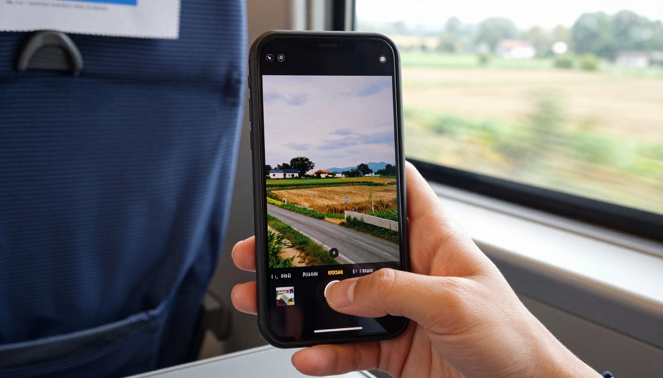 Smartphone showing a photo book page on a train