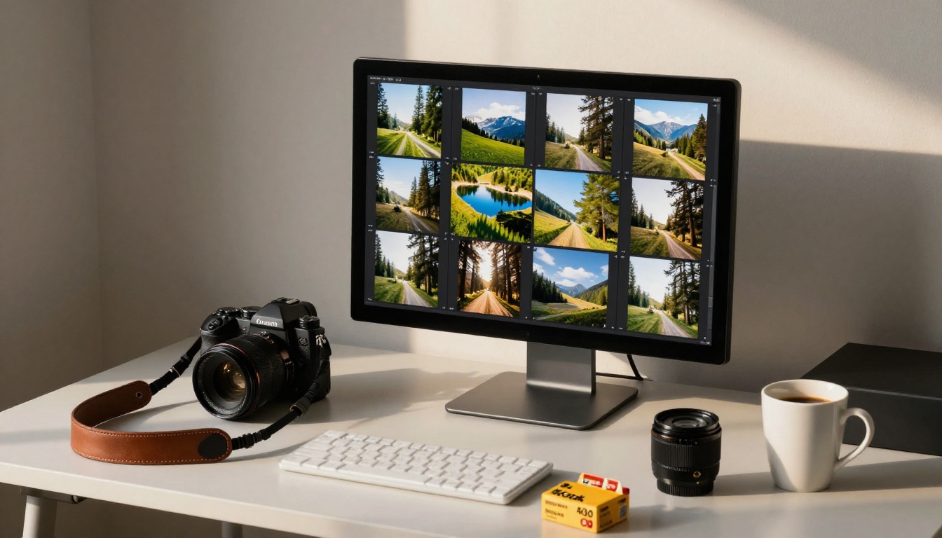 Photographer's desk with a monitor showing landscape photos