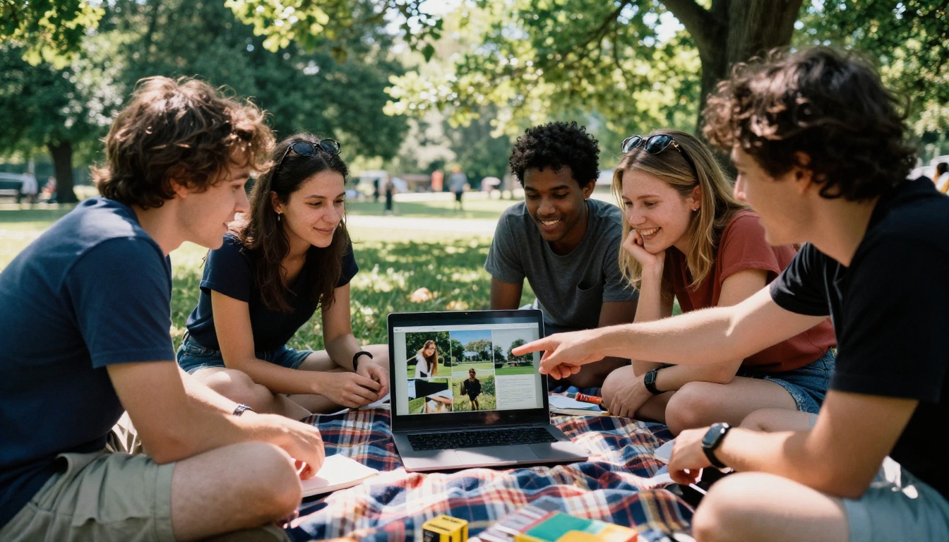 Friends gathered around a laptop on a picnic blanket