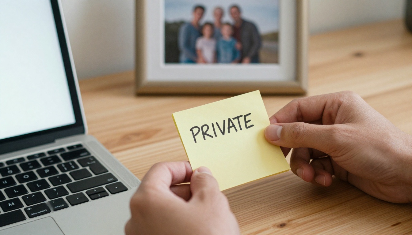 Hands placing a private note beside a laptop