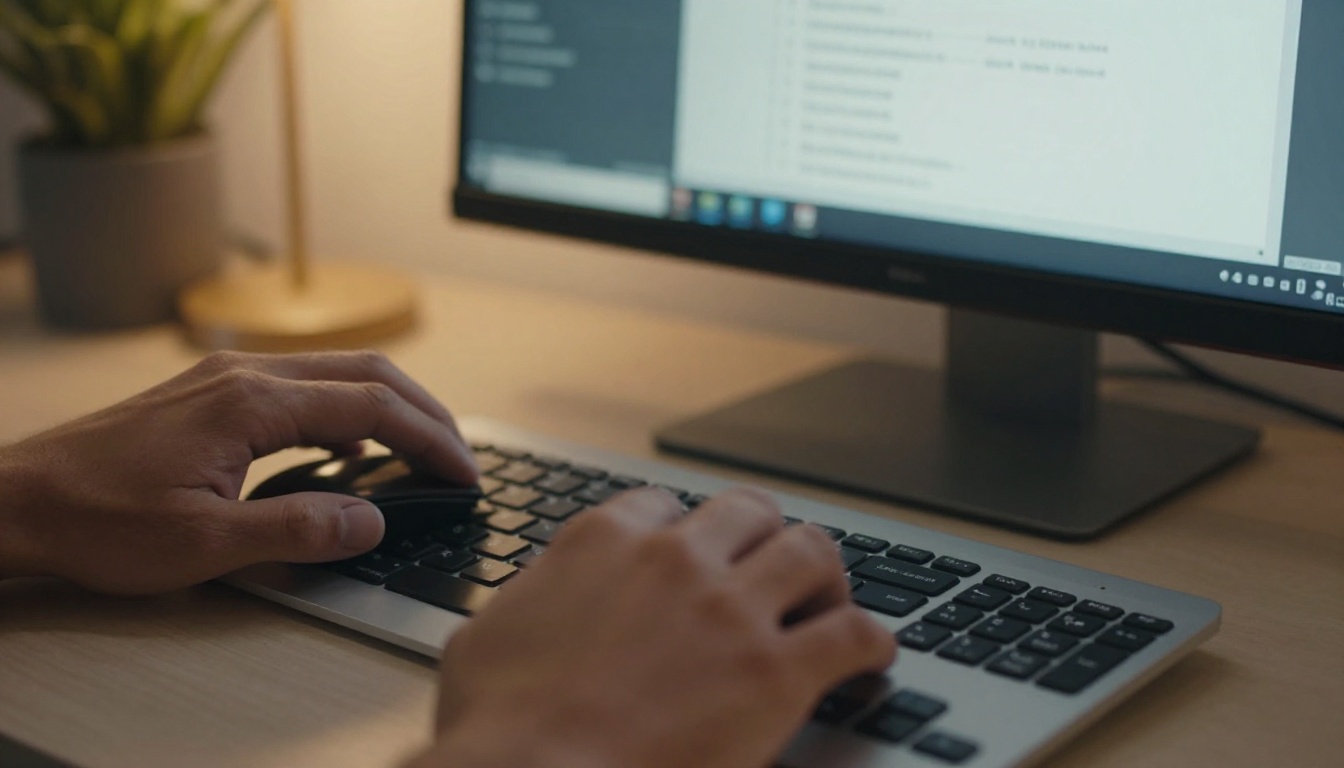 A designer's hands working at a desk while a save menu is open on screen A designer's hands working at a desk while a save menu is open on screen