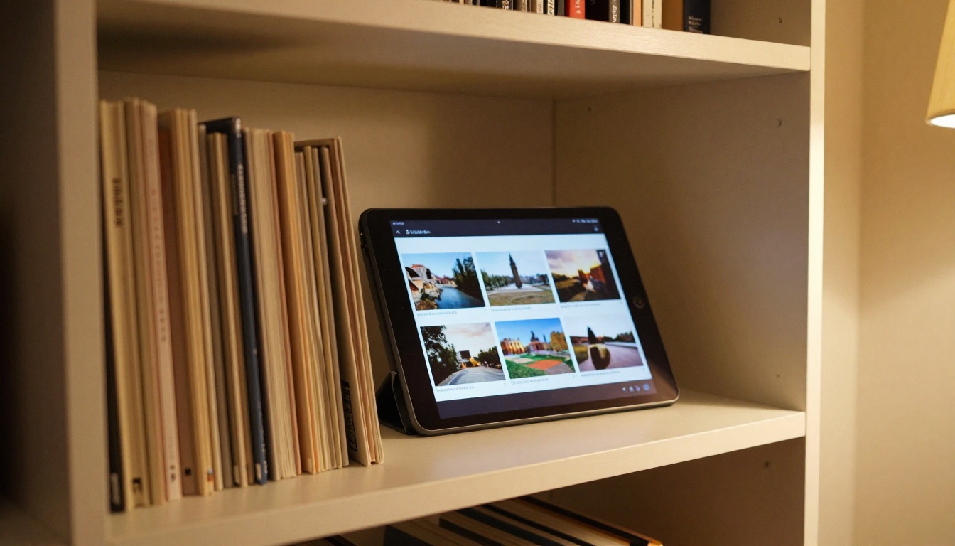 A shelf with printed albums and a tablet showing a digital flipbook