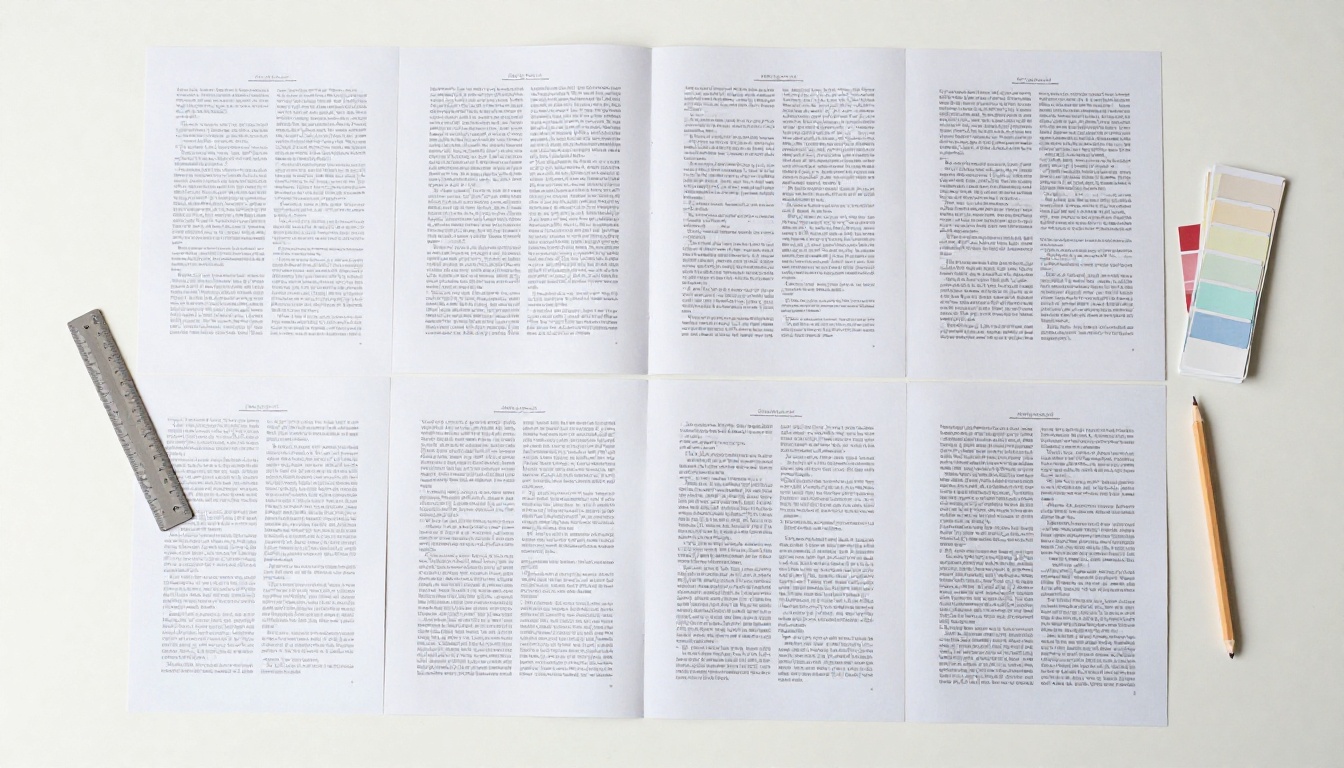 Aerial view of printed magazine pages laid out in a grid on a white desk Aerial view of printed magazine pages laid out in a grid on a white desk