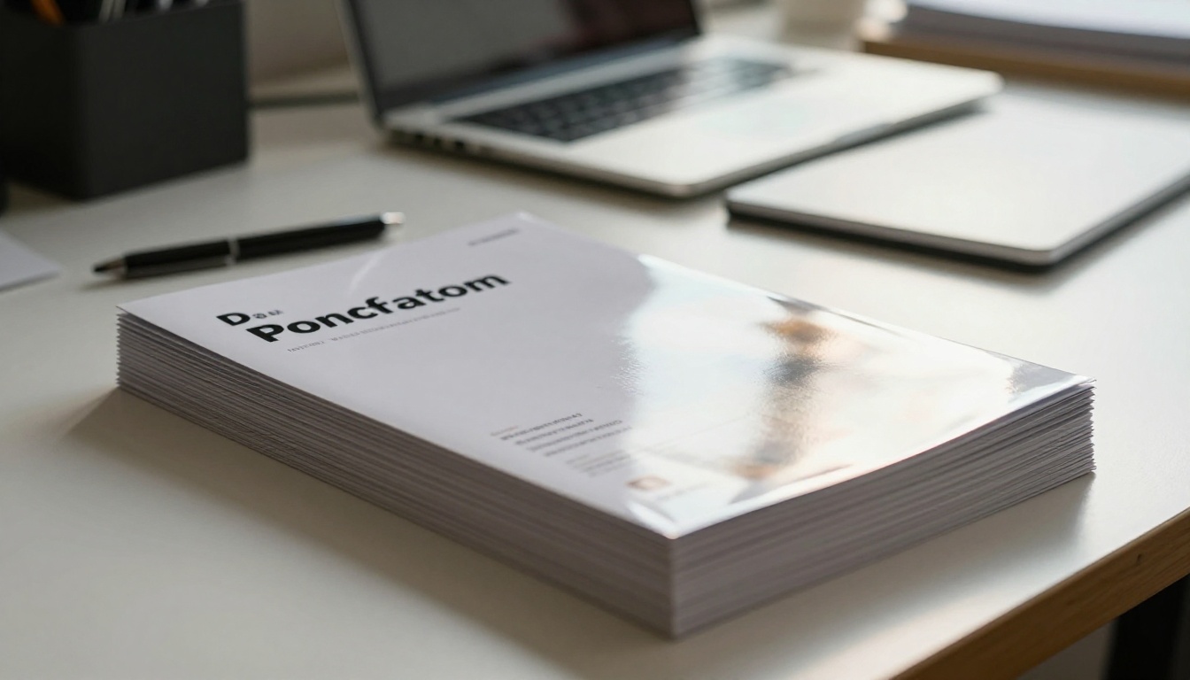 Low-angle view of a stack of freshly printed brochures on a studio table Low-angle view of a stack of freshly printed brochures on a studio table