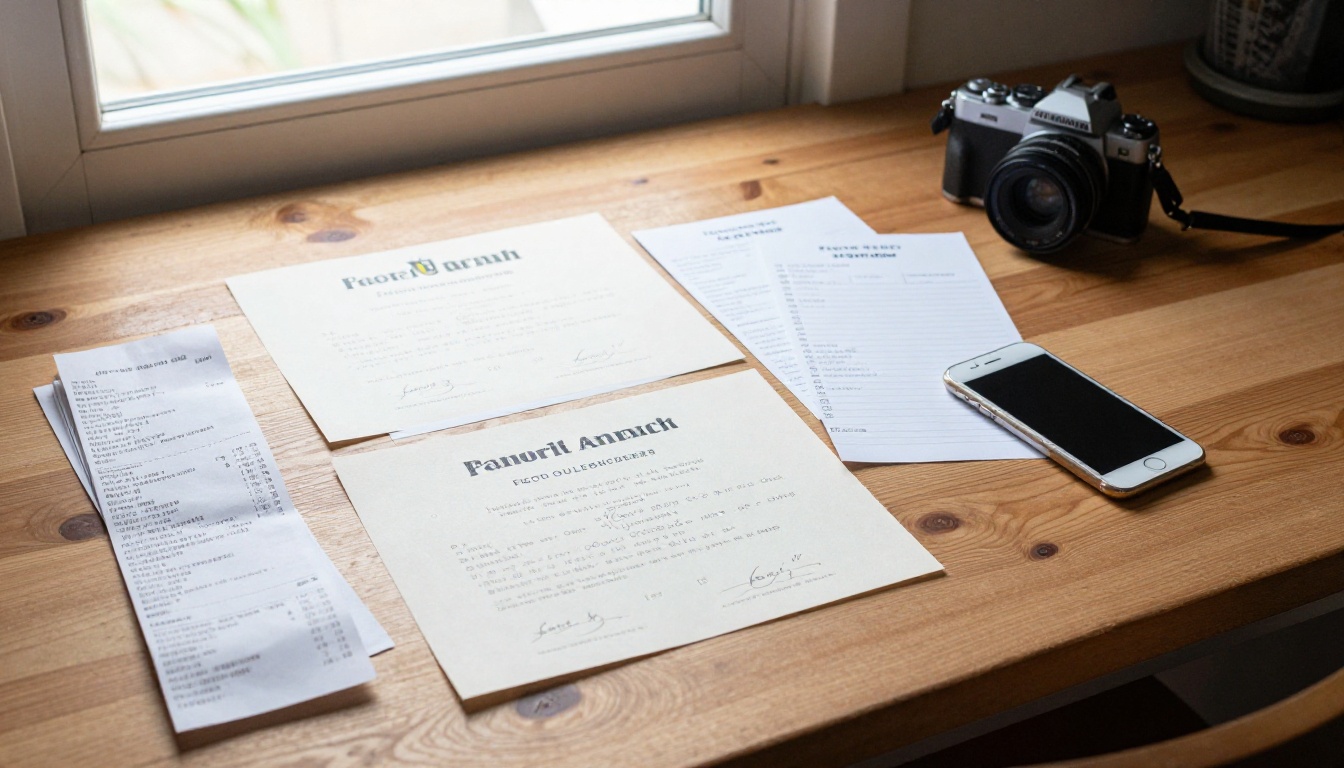 Overhead flat lay of receipts and papers beside a phone camera