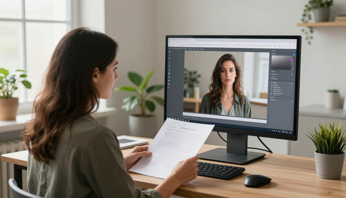 A designer reviewing the finished multi-page document on a large monitor A designer reviewing the finished multi-page document on a large monitor