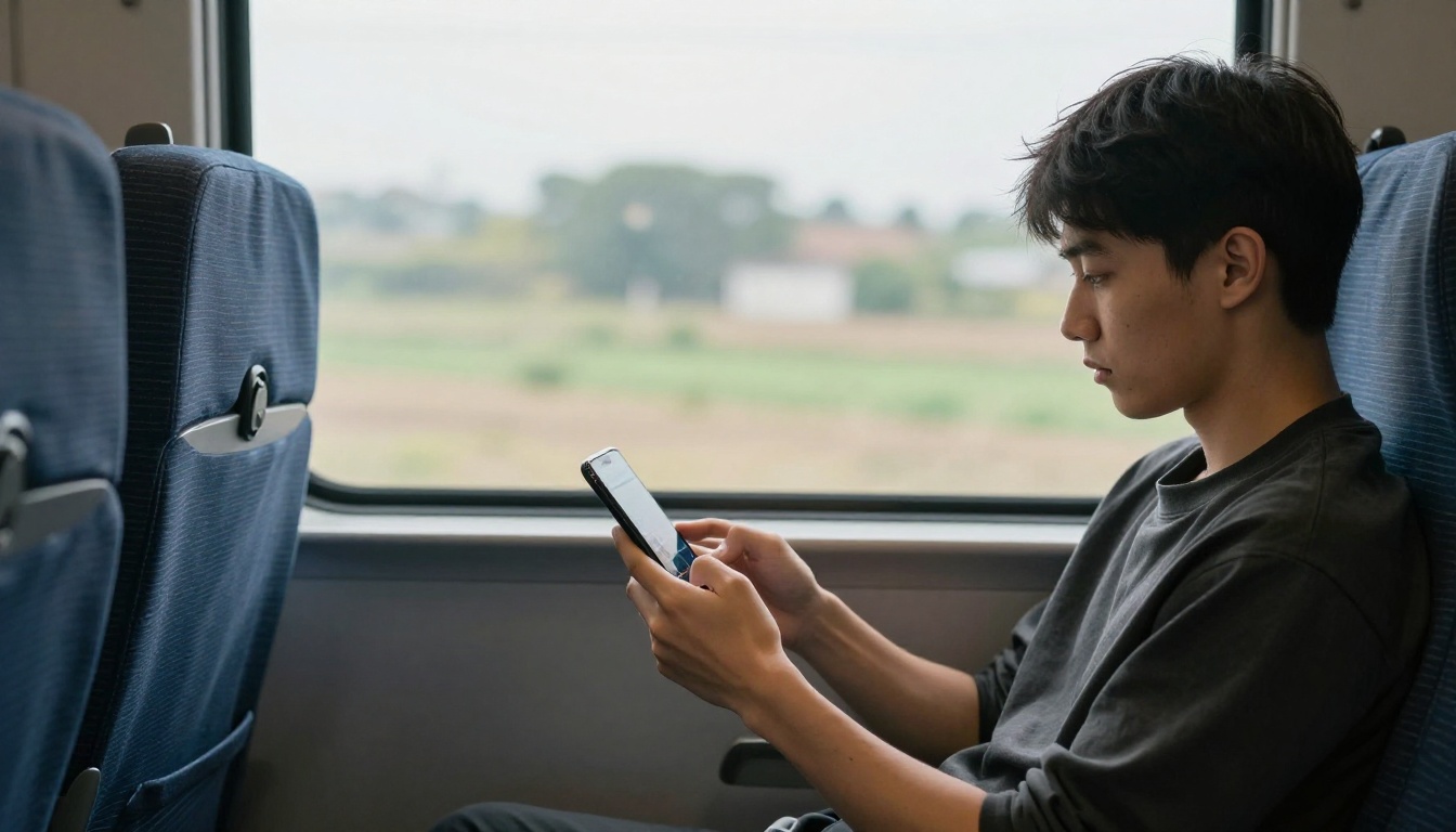 Young man reordering photos on his Android phone during a commute