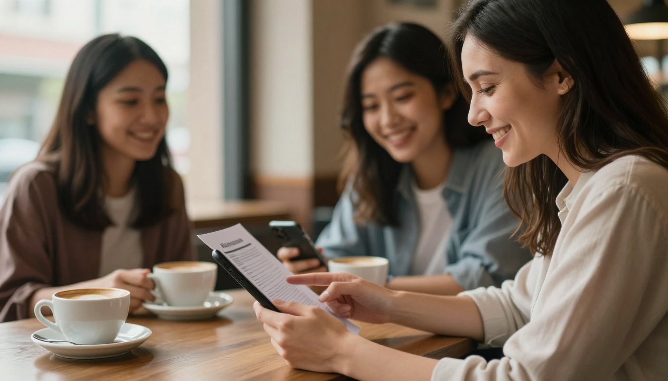 Two friends at a cafe table sharing a document from a phone