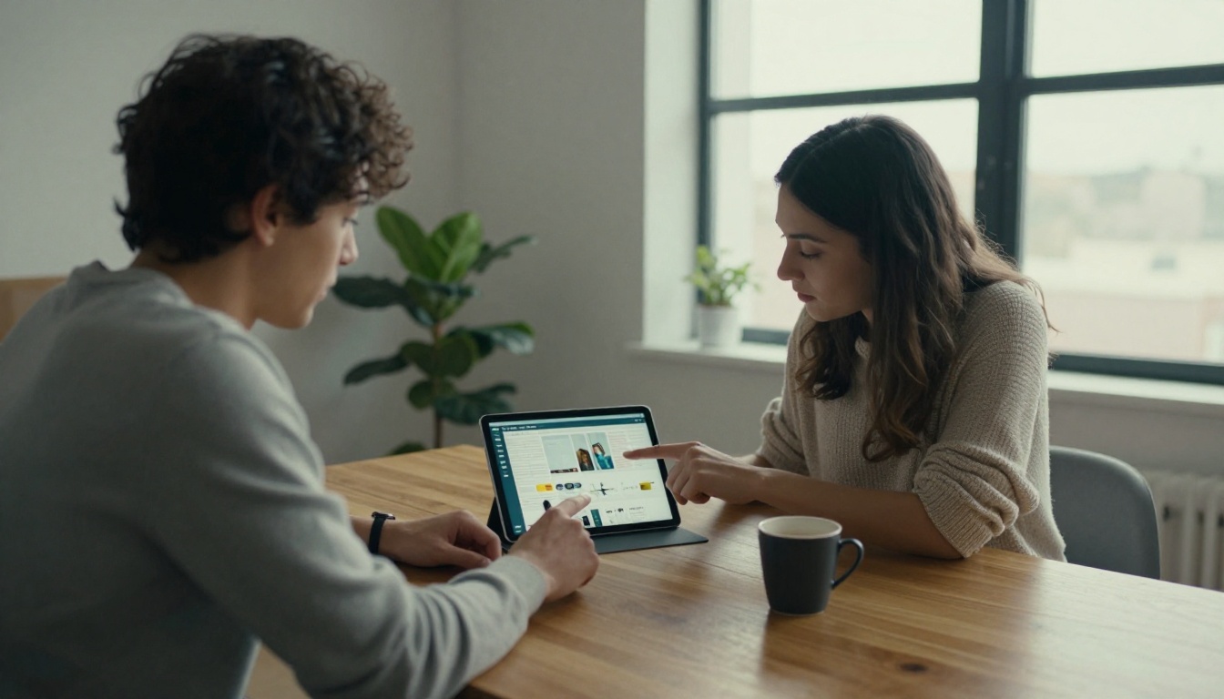 Two colleagues looking at a digital catalog on a tablet at a shared table Two colleagues looking at a digital catalog on a tablet at a shared table