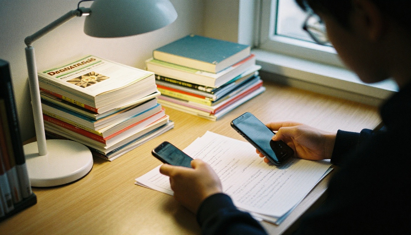 Student photographing handwritten notes at a library desk