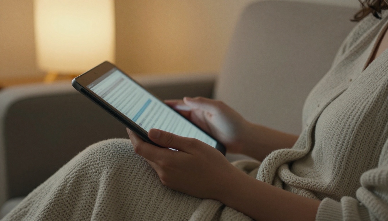 A person reading a digital flipbook on a tablet on a sofa A person reading a digital flipbook on a tablet on a sofa