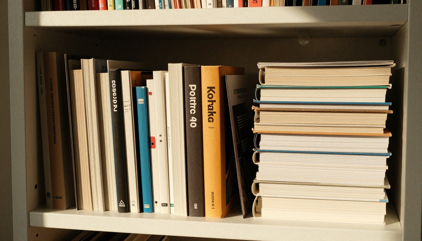 A studio shelf with portfolio books and printed lookbooks in golden light A studio shelf with portfolio books and printed lookbooks in golden light