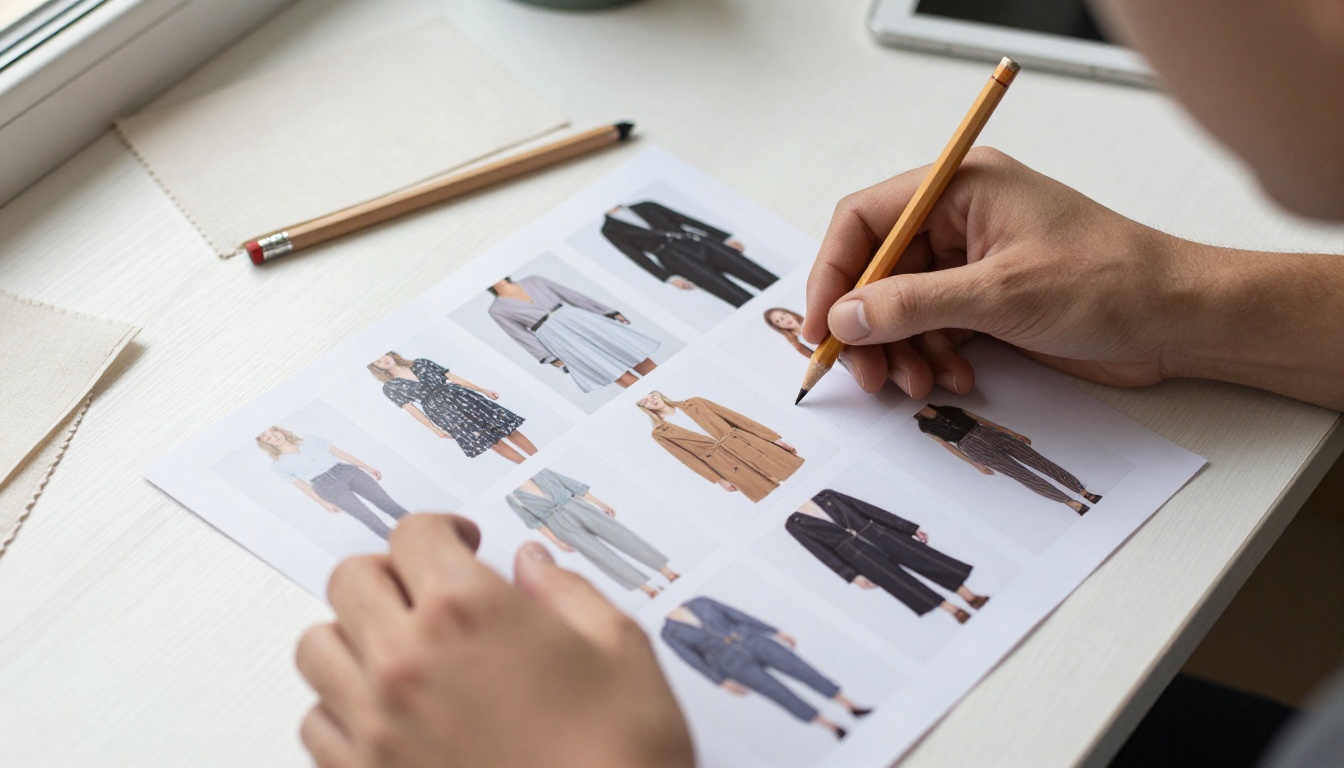 Designer arranging printed outfit photos into a lookbook layout