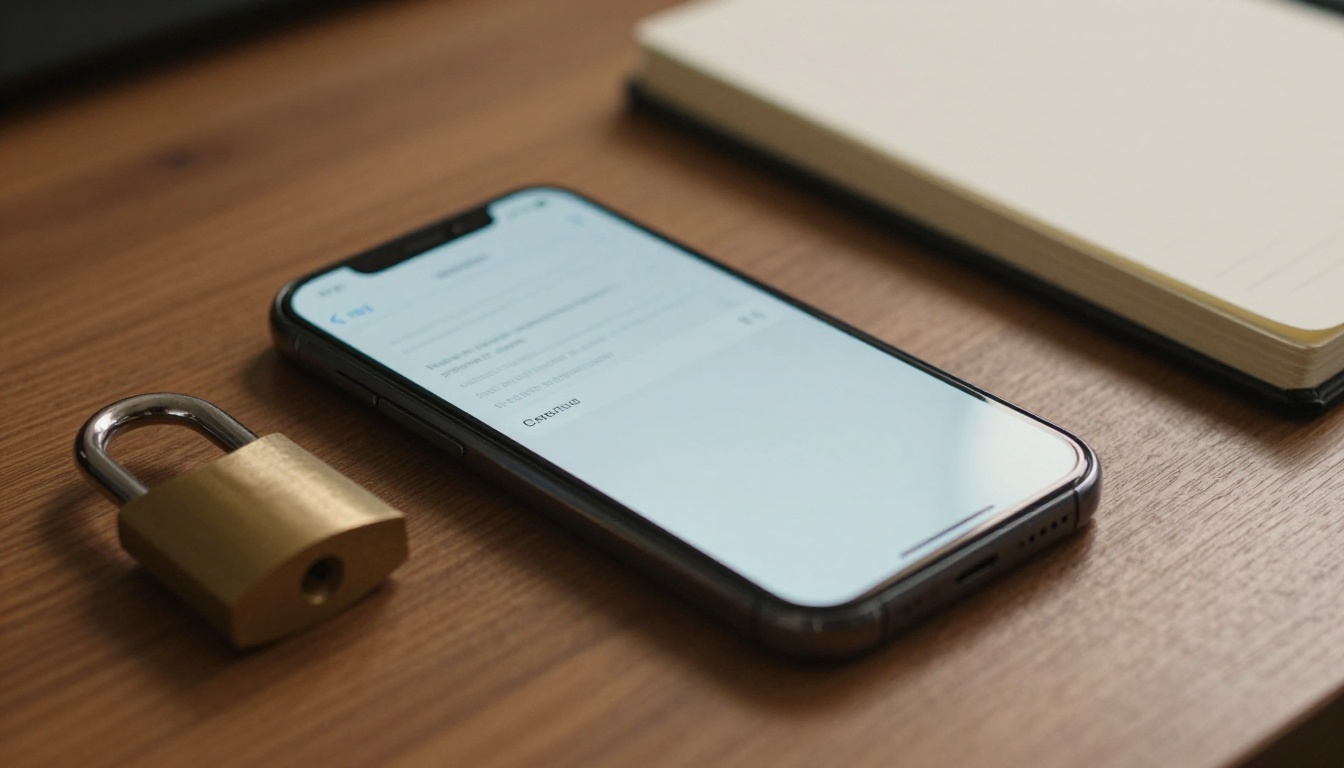 Smartphone beside a padlock and notebook on a wooden desk