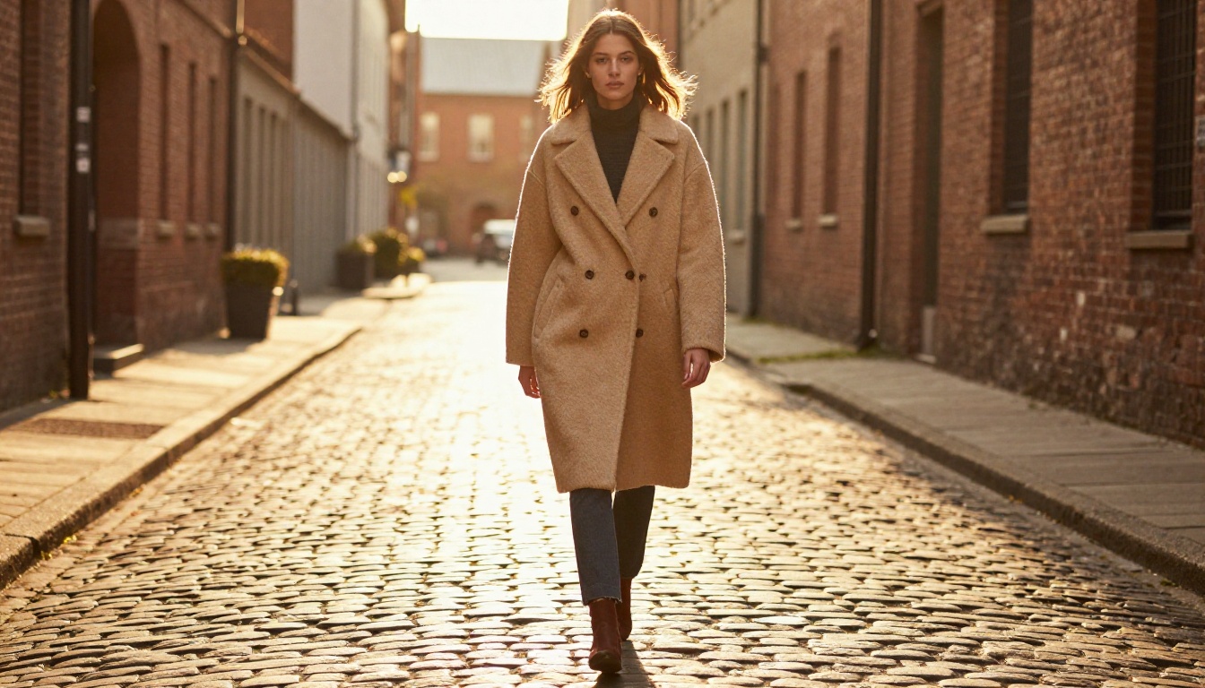 Model in an oatmeal wool coat walking through a brick alley at golden hour