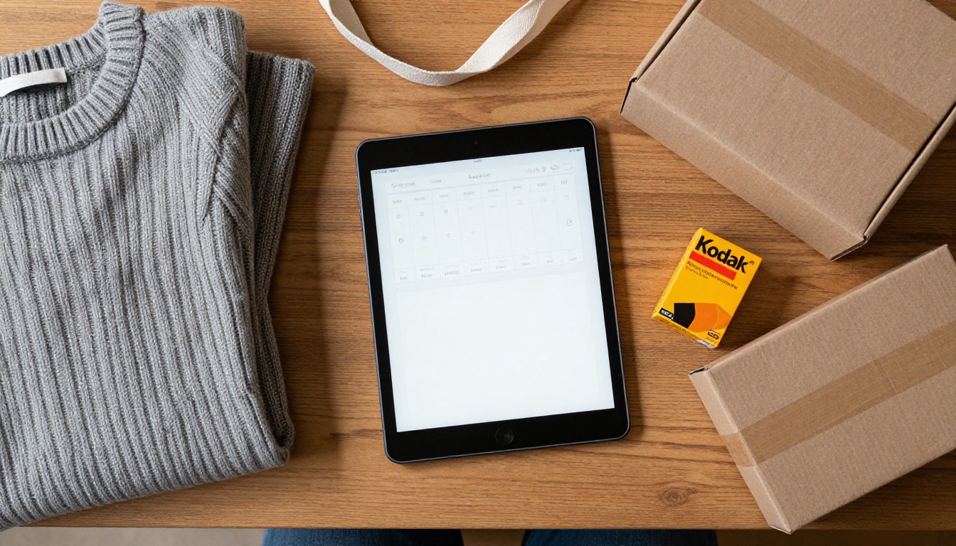 Overhead flat lay of a tablet showing a lookbook beside folded sweaters