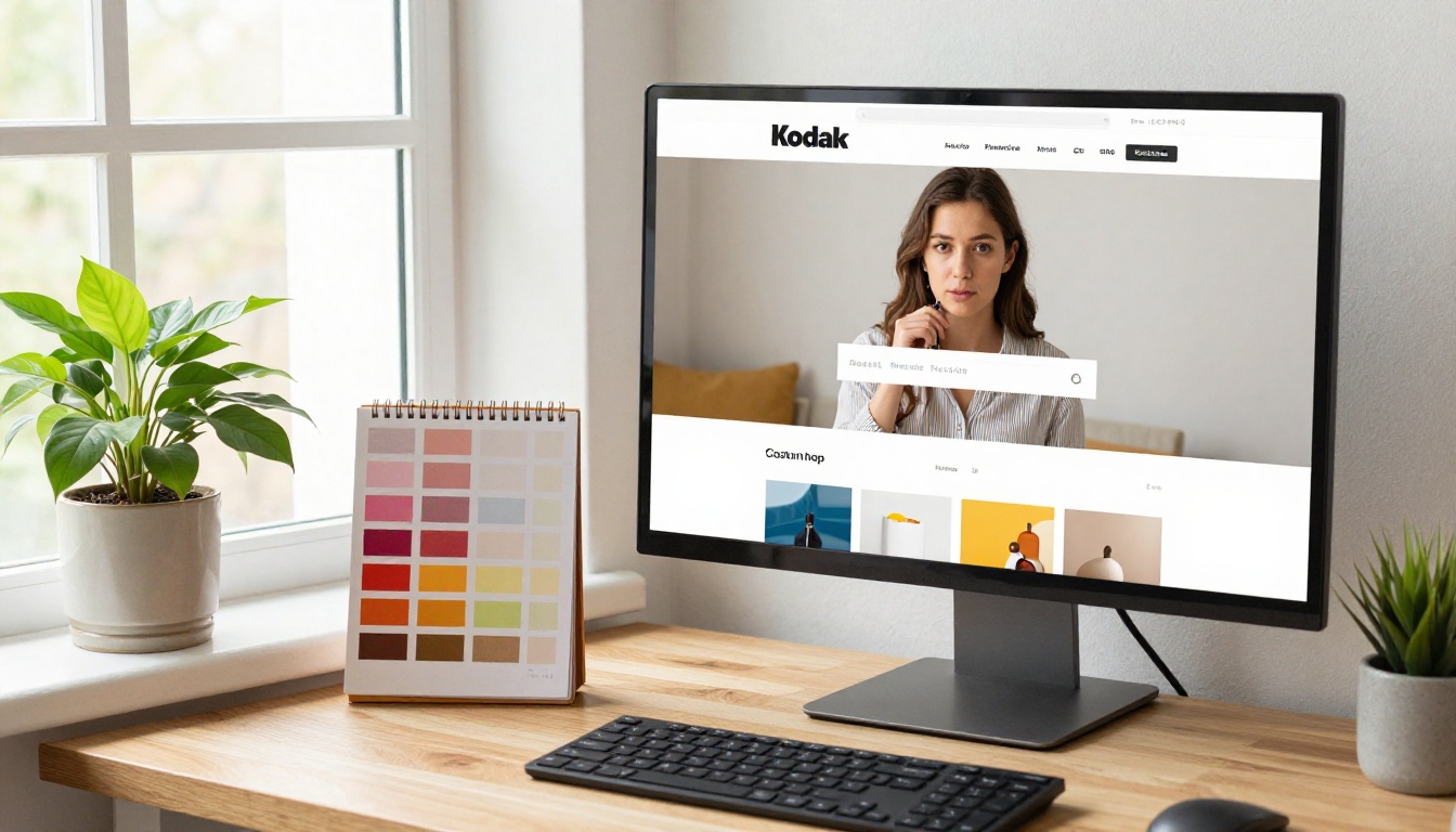 Woman customizing her shop page on a desktop monitor