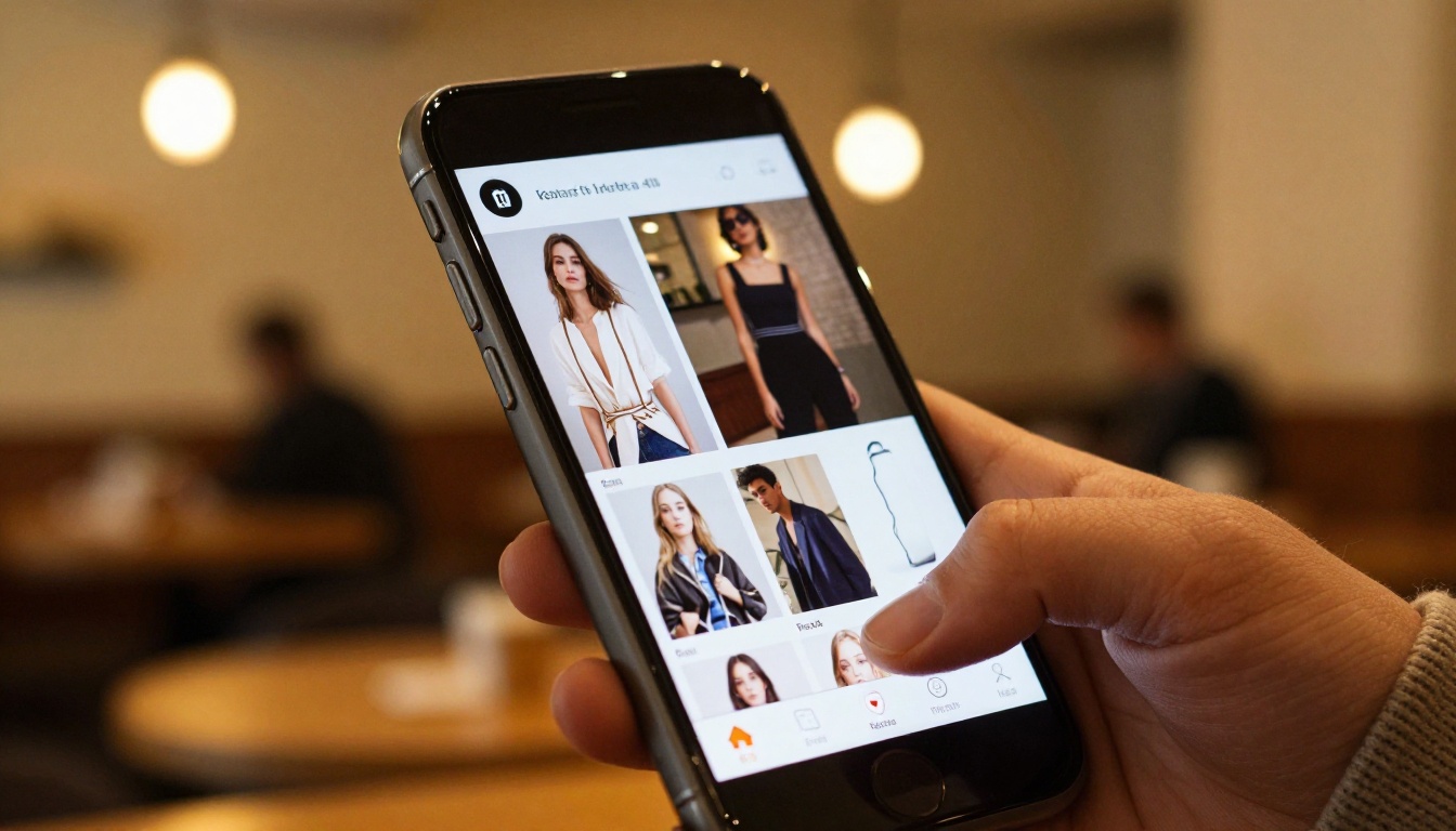 Hand holding a smartphone showing a fashion lookbook