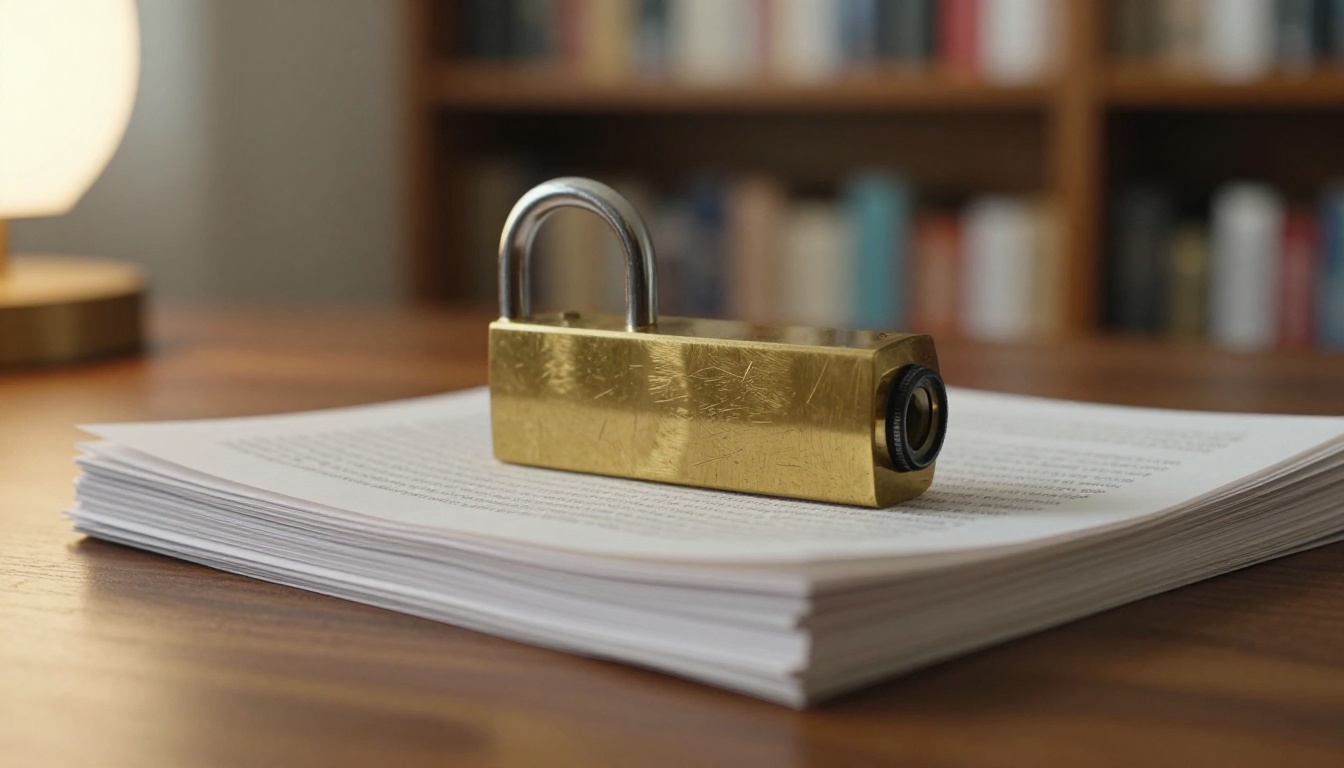 Brass padlock resting on printed booklets Brass padlock resting on printed booklets