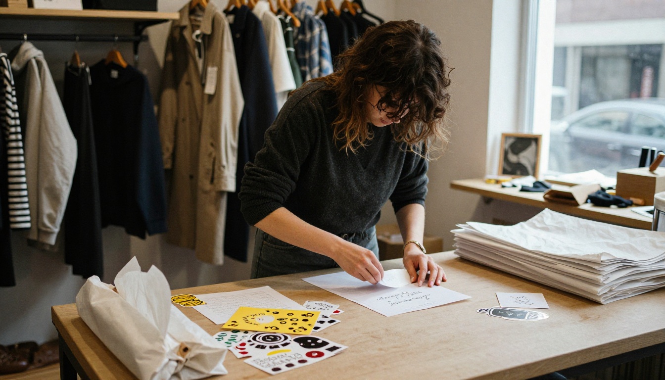 Small brand owner packing an order with a thank you card