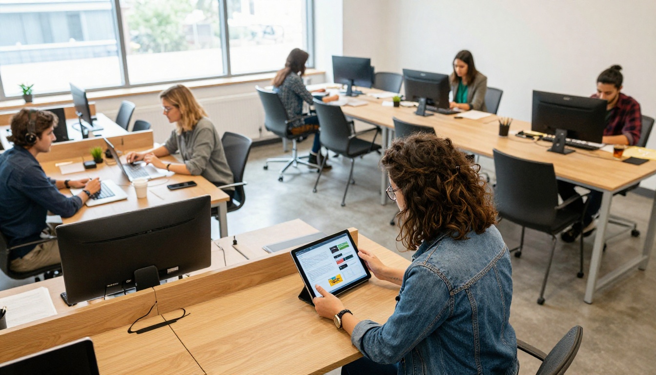 Creator reviewing a flipbook on a tablet in a co-working space Creator reviewing a flipbook on a tablet in a co-working space