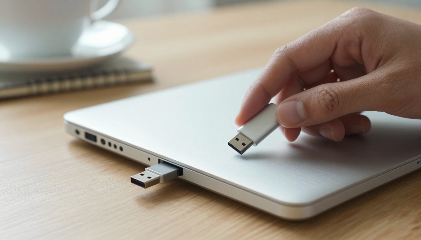 Hand inserting a USB drive into a laptop Hand inserting a USB drive into a laptop