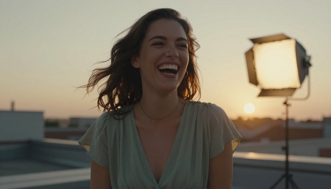 Model laughing between takes on a rooftop at sunset