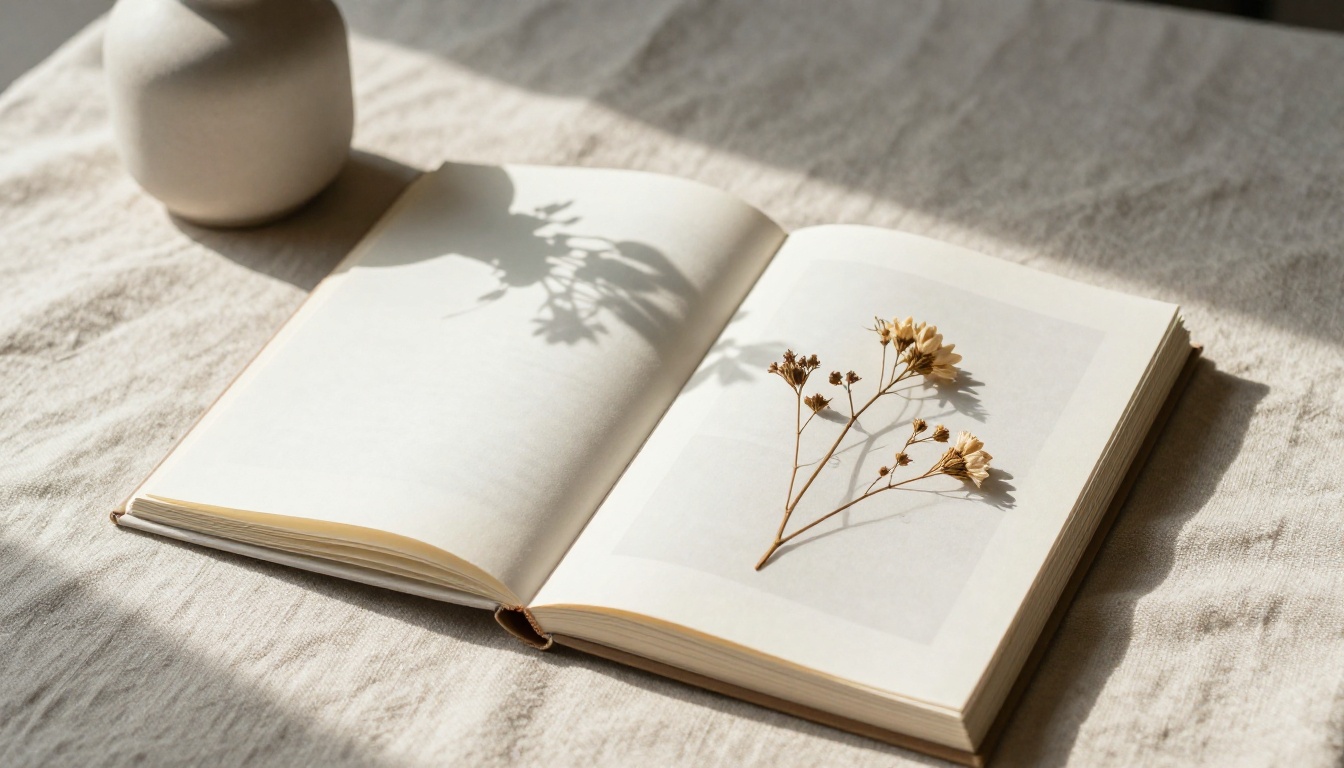 Printed lookbooks stacked on a linen cloth with dried flowers