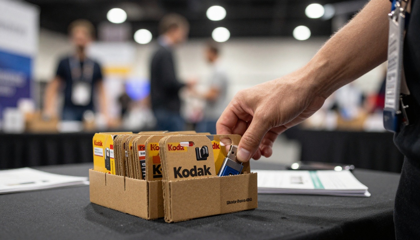 Visitor picking up branded USB drives at a booth Visitor picking up branded USB drives at a booth