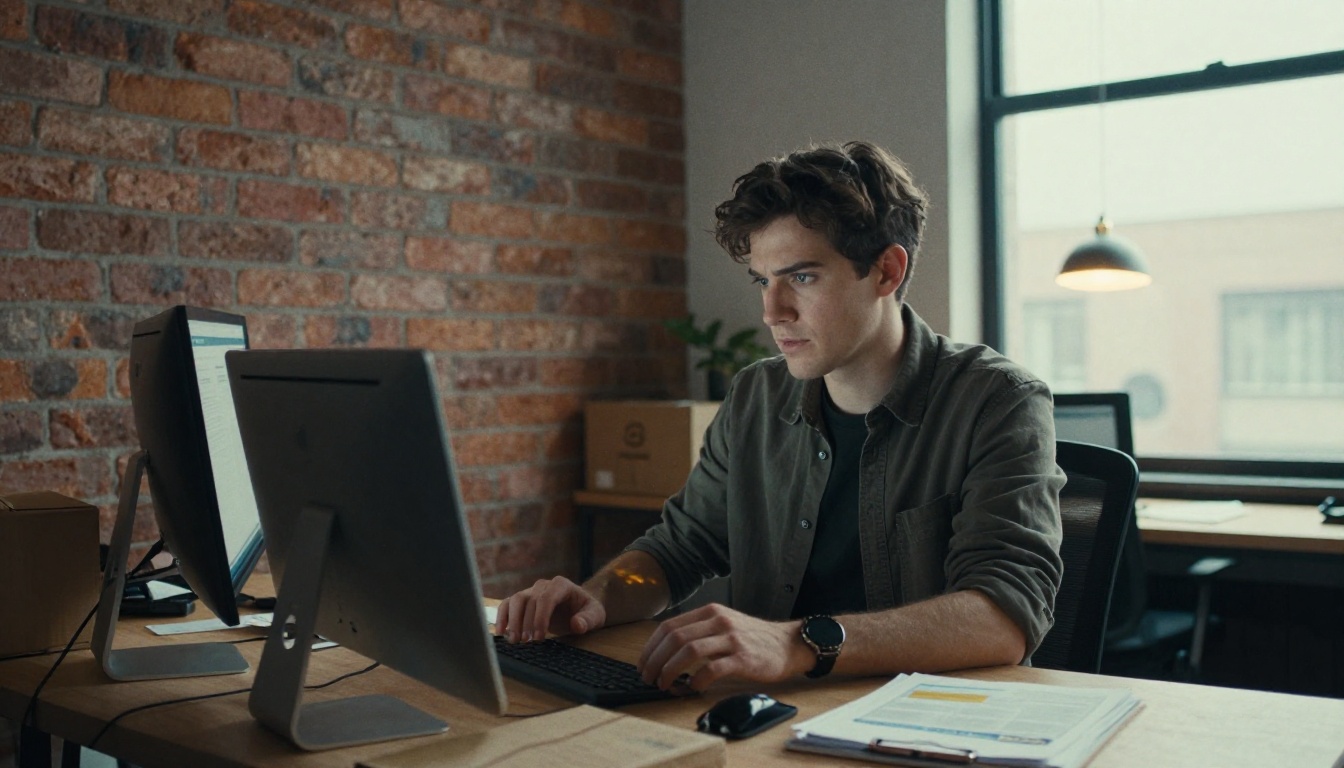 Entrepreneur preparing the delivery email on a desktop monitor Entrepreneur preparing the delivery email on a desktop monitor