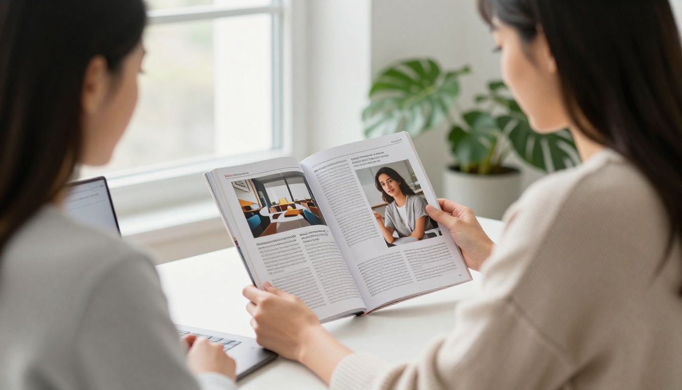 Woman reviewing a digital magazine on a laptop Woman reviewing a digital magazine on a laptop
