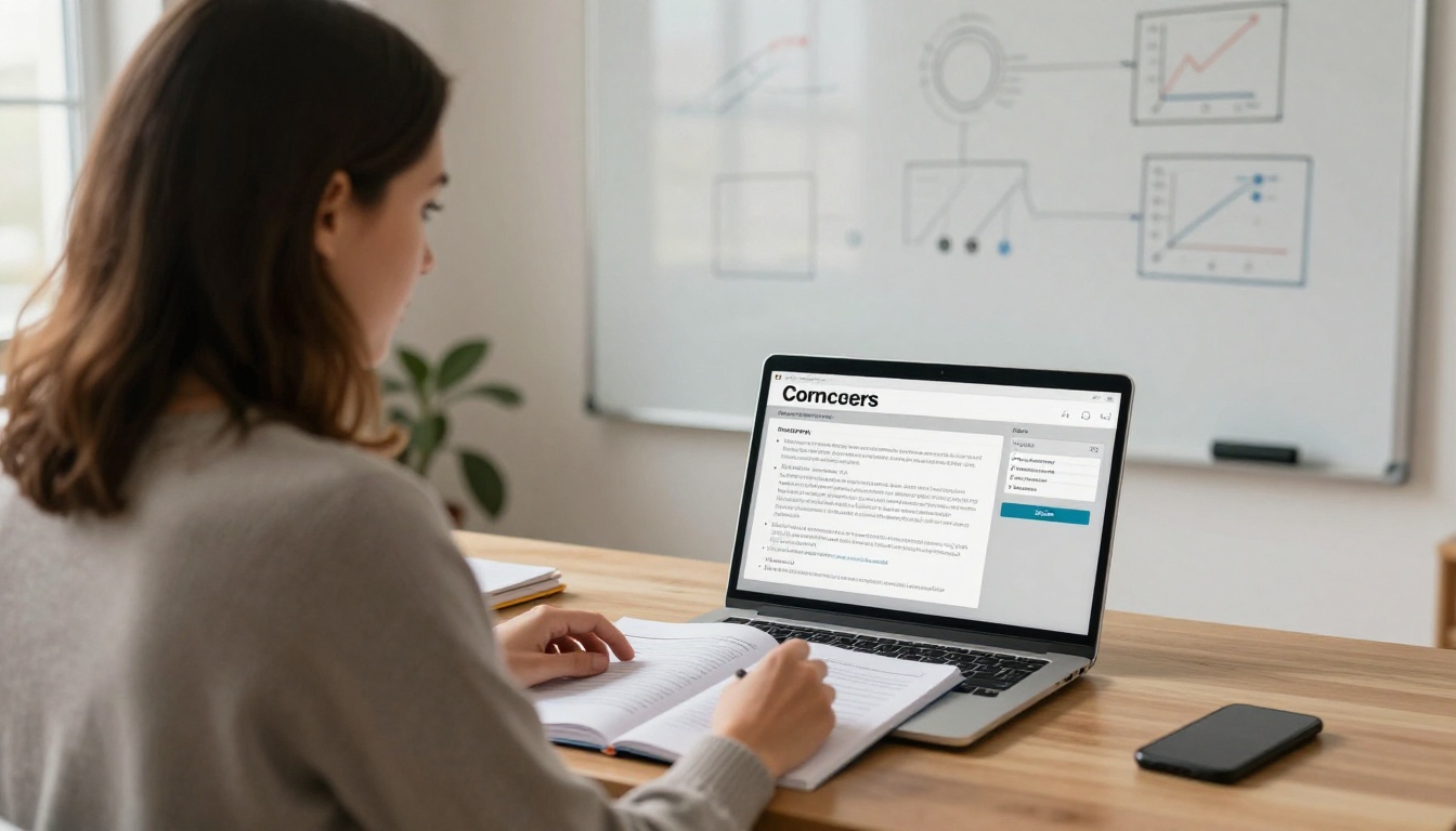 Online course teacher with a printed workbook and laptop Online course teacher with a printed workbook and laptop