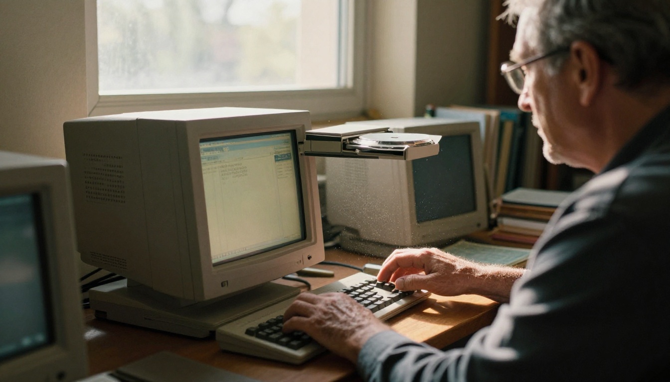 Older man using a computer with a CD drive in a library Older man using a computer with a CD drive in a library