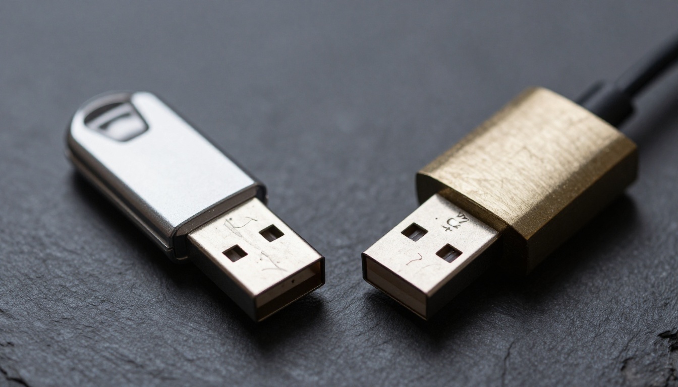 Macro of a USB flash drive beside a padlock Macro of a USB flash drive beside a padlock