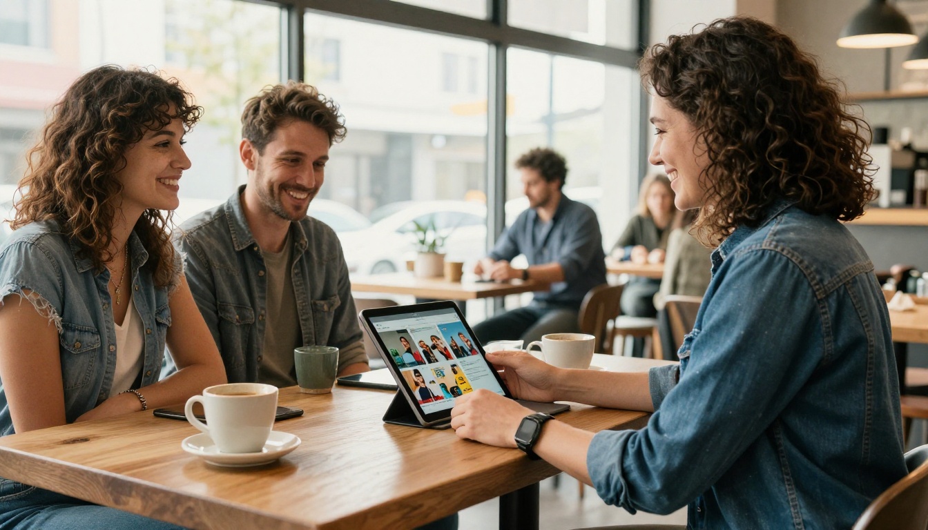 Business owner handing a tablet with a flipbook to a client Business owner handing a tablet with a flipbook to a client