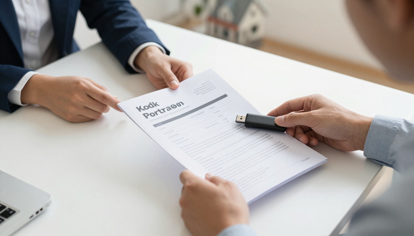 Agent handing a brochure and USB drive to a client Agent handing a brochure and USB drive to a client