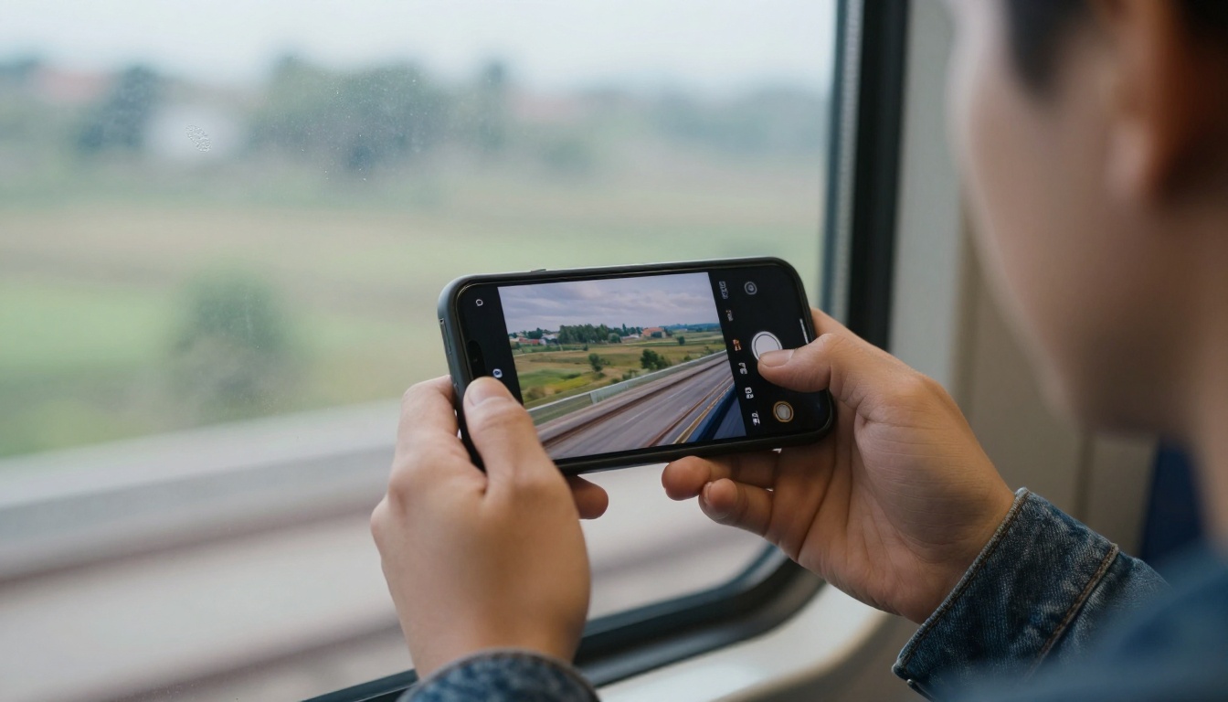 Person reading a digital brochure on a phone on a train Person reading a digital brochure on a phone on a train