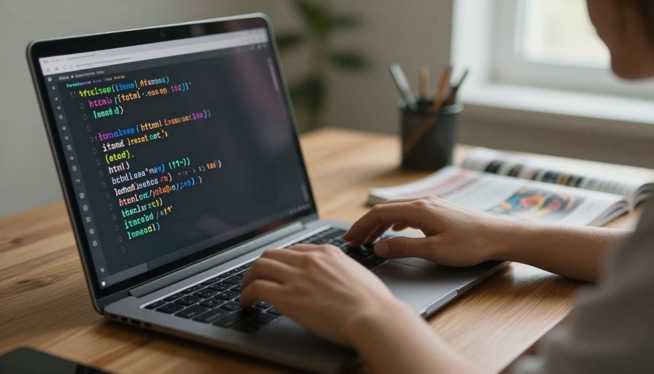 A web developer typing iframe embed code beside a printed magazine