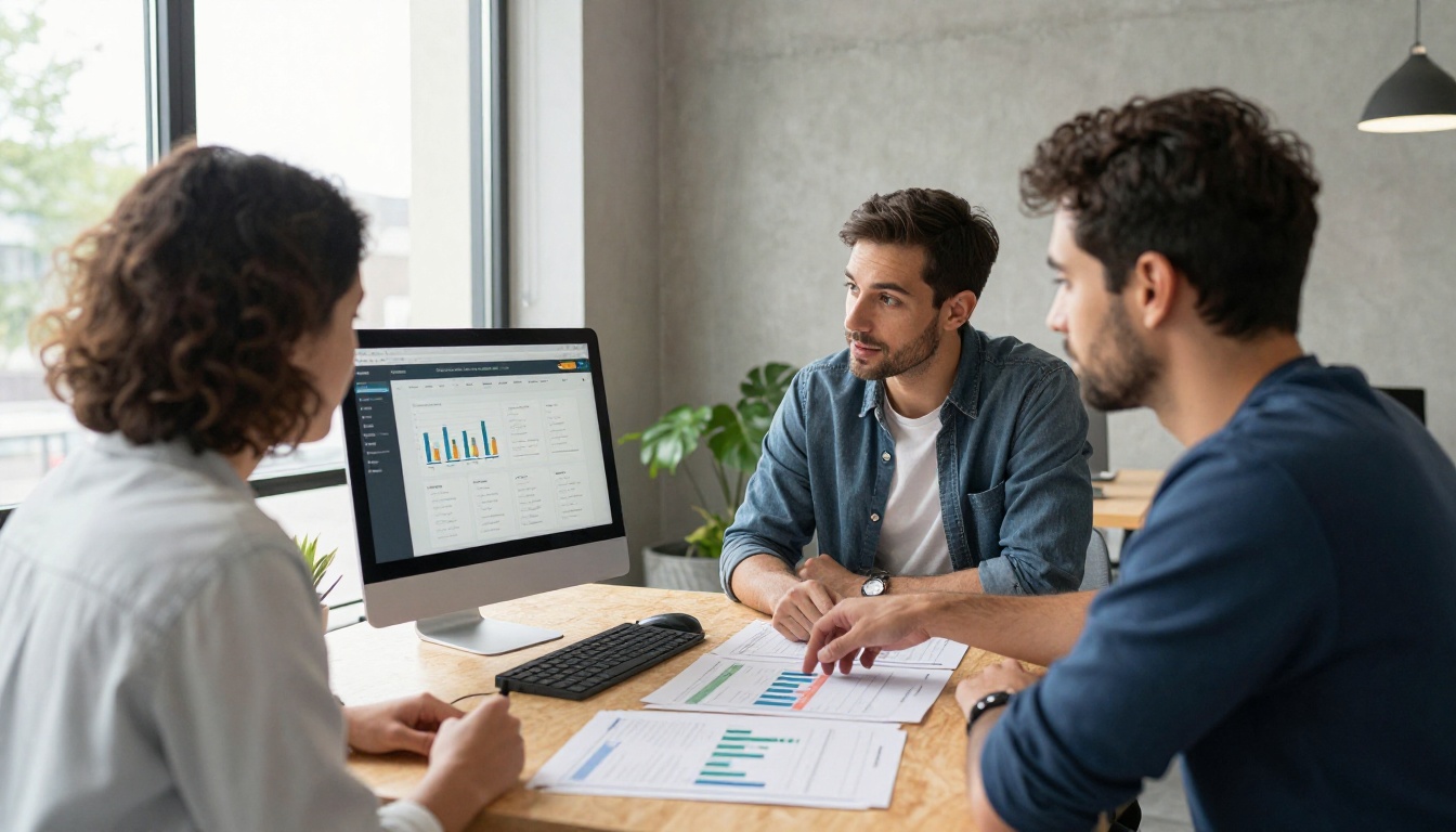 Two marketers reviewing analytics printouts and a flipbook page on a monitor