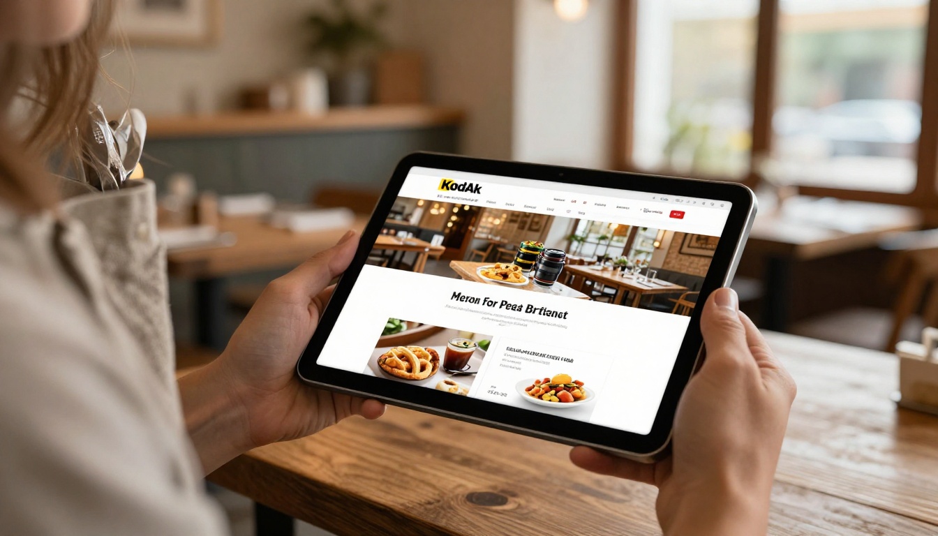 A restaurant owner holding a tablet with a digital menu flipbook popup